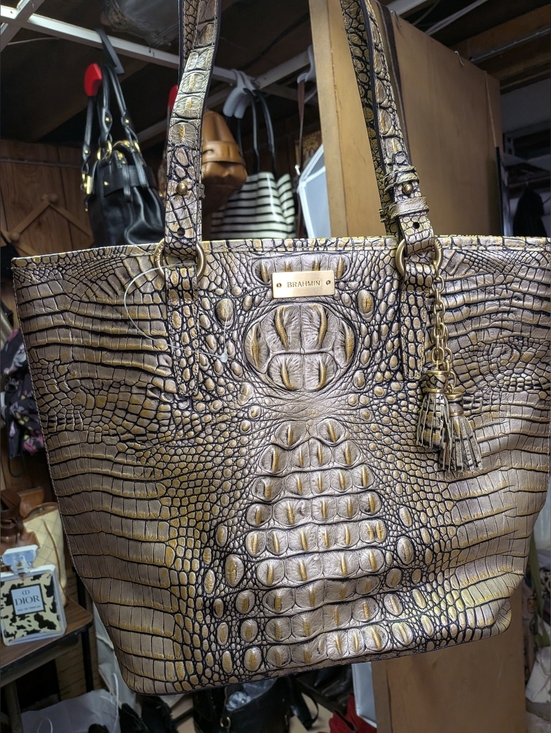 Brahmin Handbags - Brahmin Gold and Black Croc-Embossed Leather Tote with Tassel